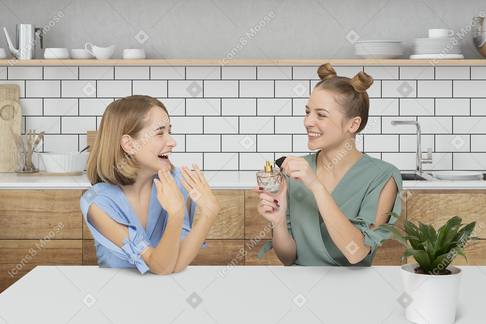 Two women sitting at a table and trying perfume