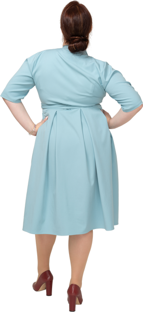 一个身着蓝色裙子、双手叉腰的女人的后视图