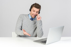 Call center agent looking outraged while explaining something