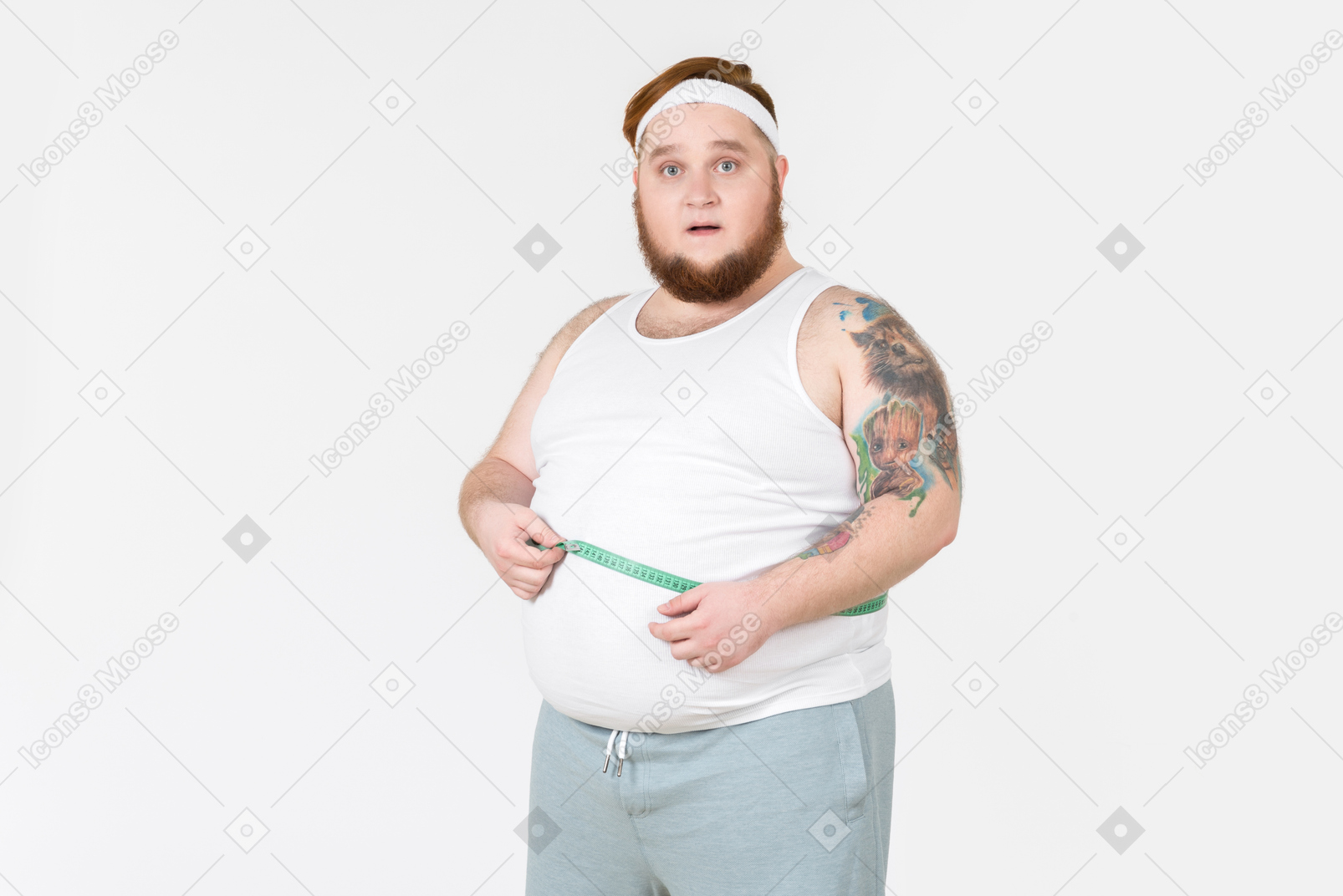 Big guy measuring his waist with cloth ruler