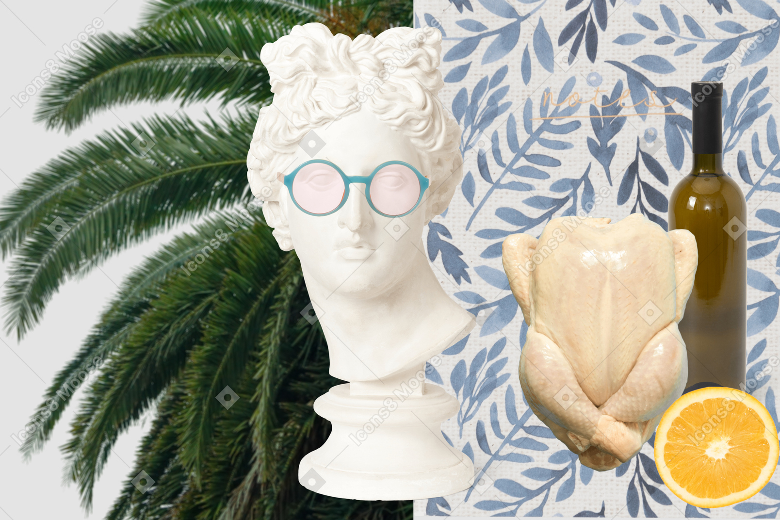 Statue bust, raw chicken, lemon, wine bottle and tropical leaves