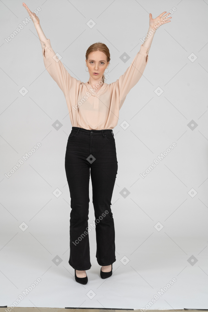 Woman in beaufitul blouse standing