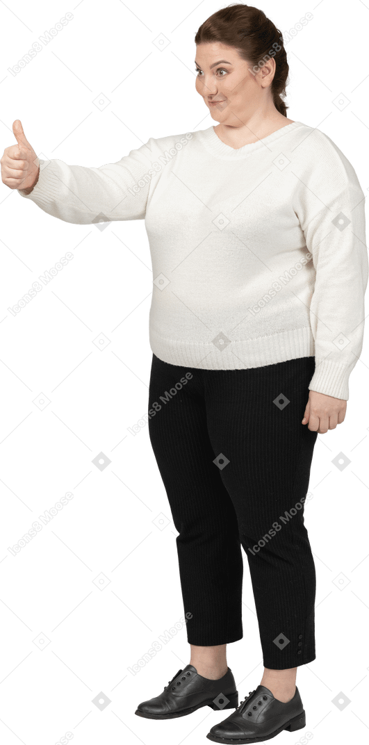 Plus size woman in casual clothes showing thumb up