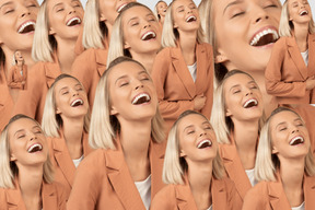 Multiple portraits of the same woman laughing out loud