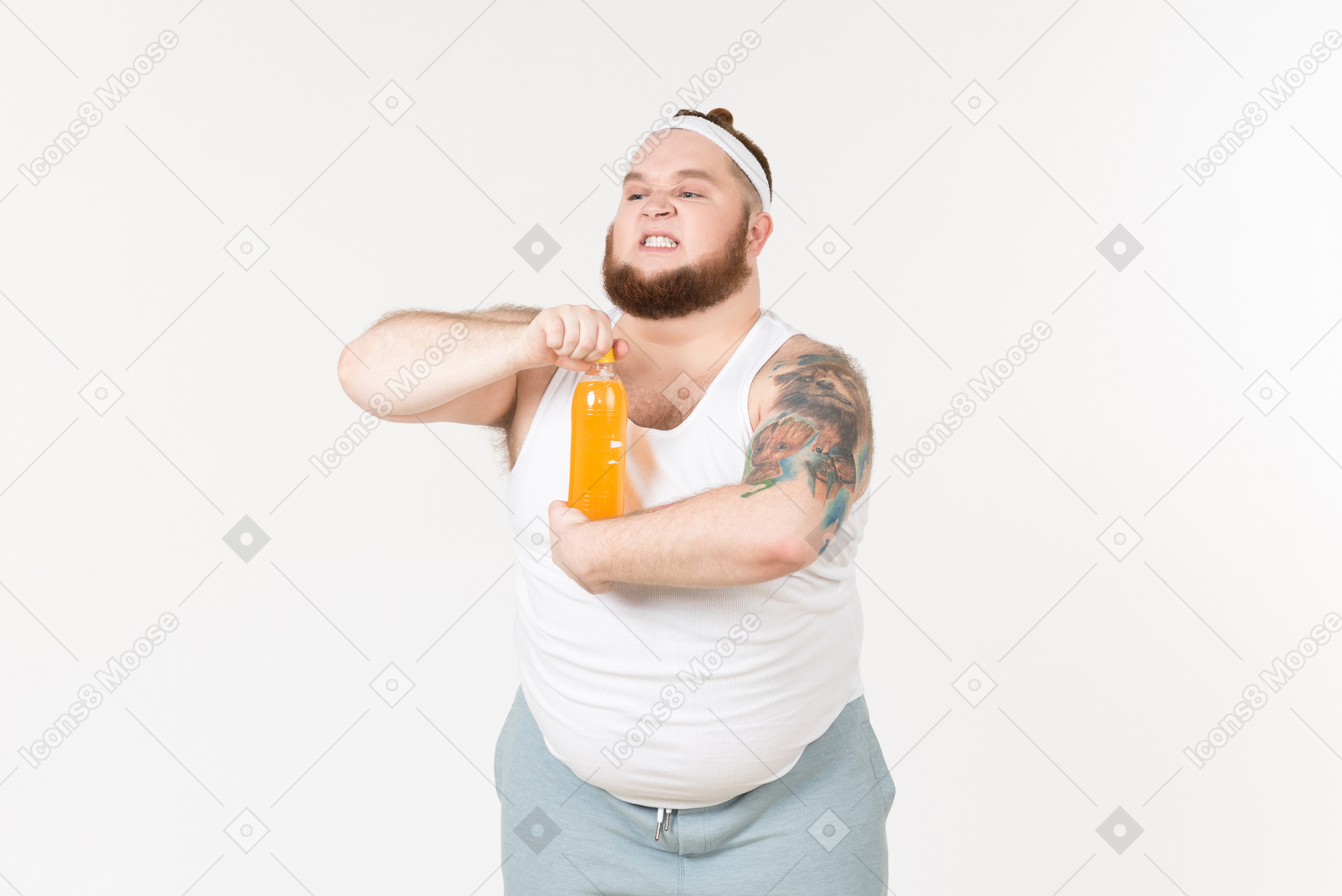 A fat sportsman opening a bottle of orange drink