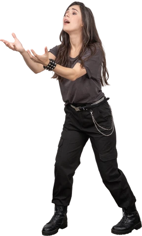 Front view of a female rocker outstretching her hands