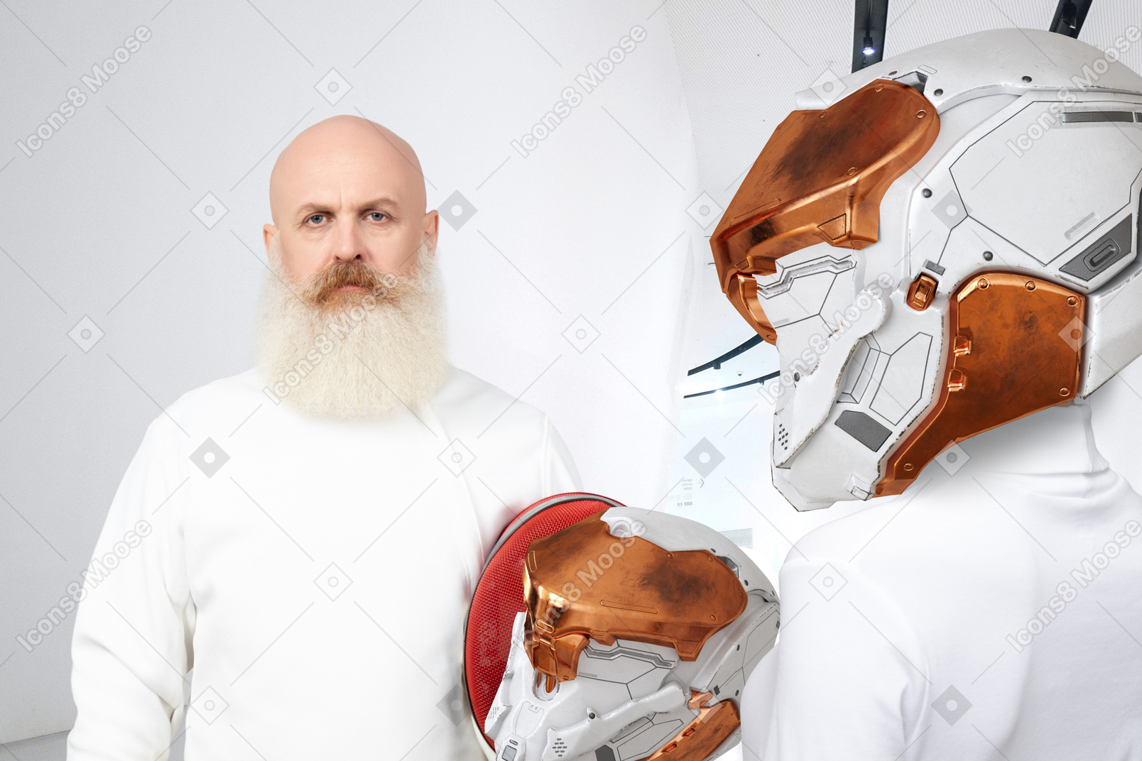 Homens de capacete em uma nave espacial
