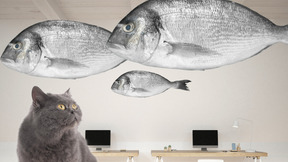 A cat sitting in front of a fish mural