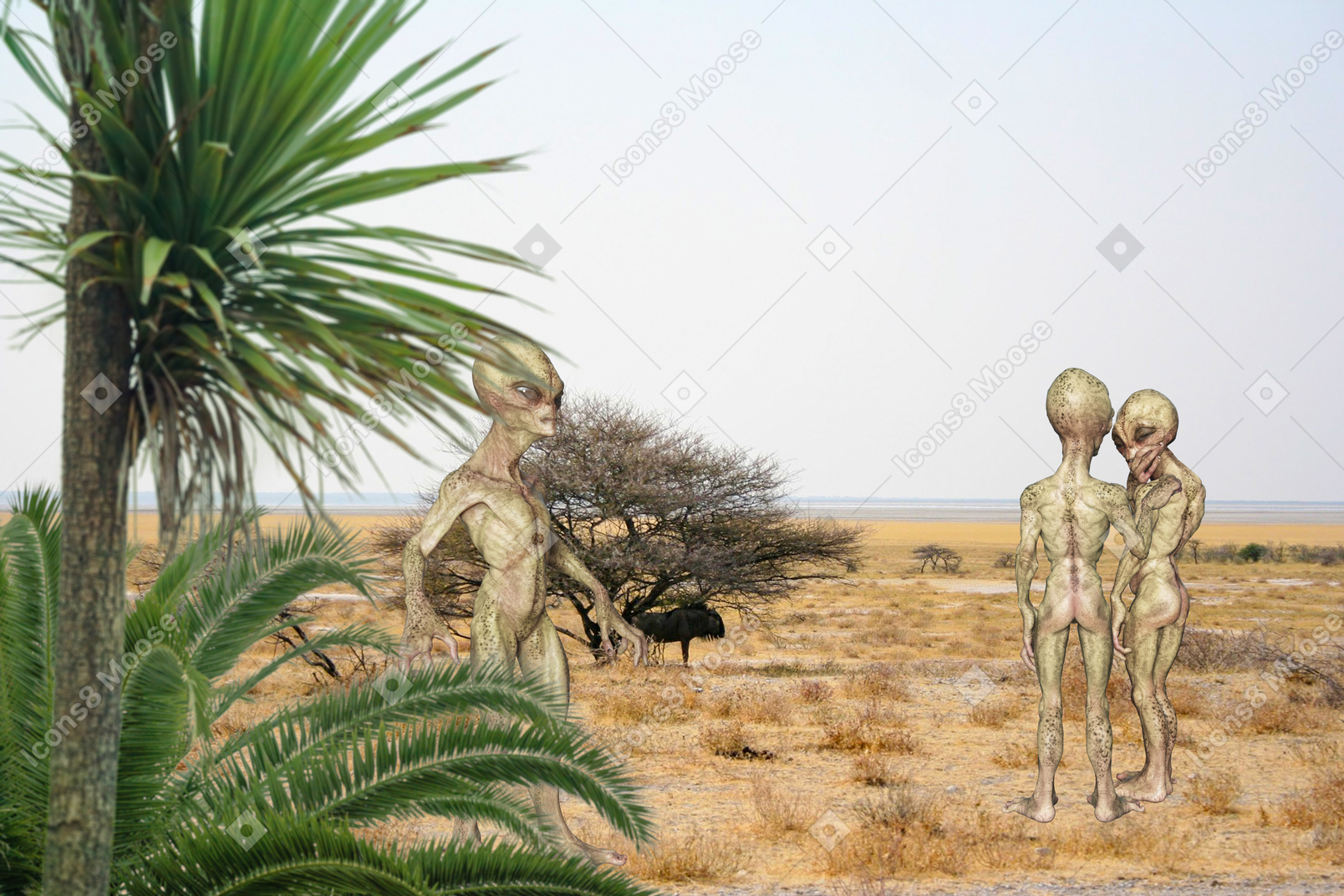A group of aliens standing in the middle of a desert