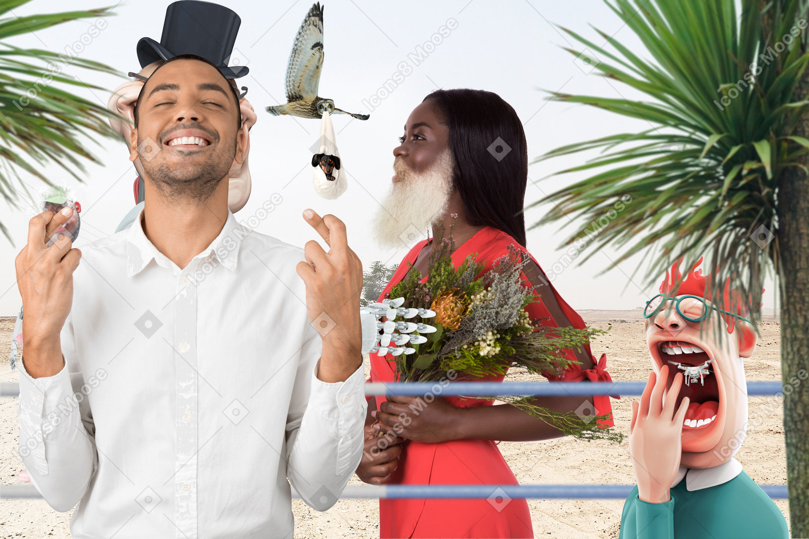A man and a woman standing in front of a palm tree
