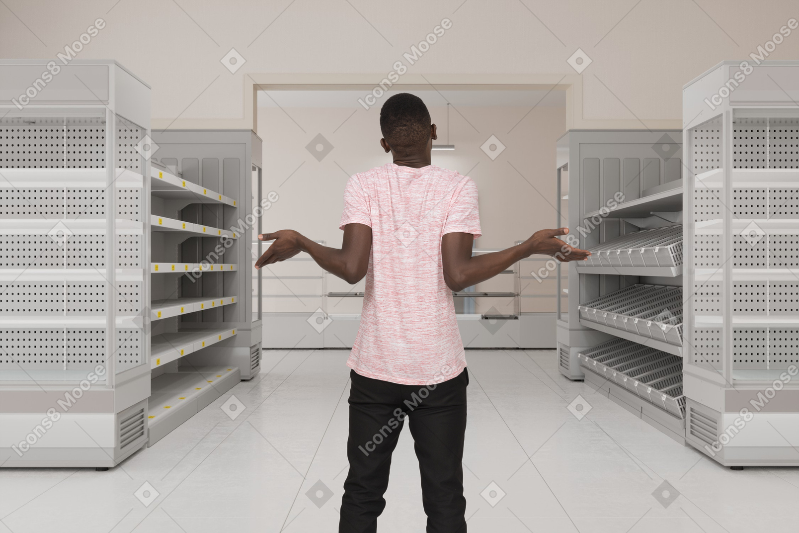 Hombre confundido de pie junto a los estantes vacíos del supermercado