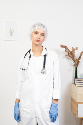 Vista frontal de una doctora joven cansada con estetoscopio mirando a la cámara