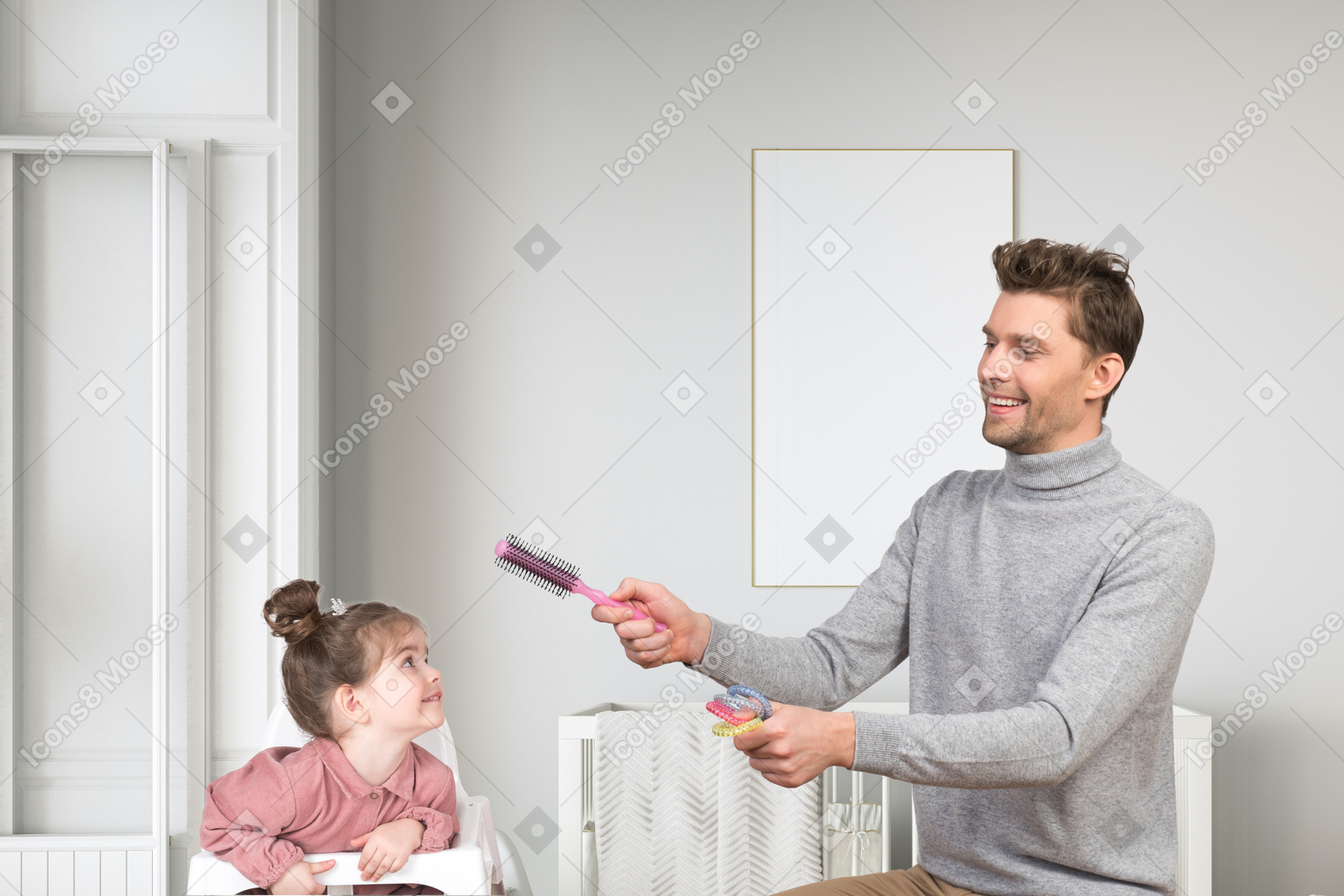 A happy father trying to teach his daughter to do her hair herself