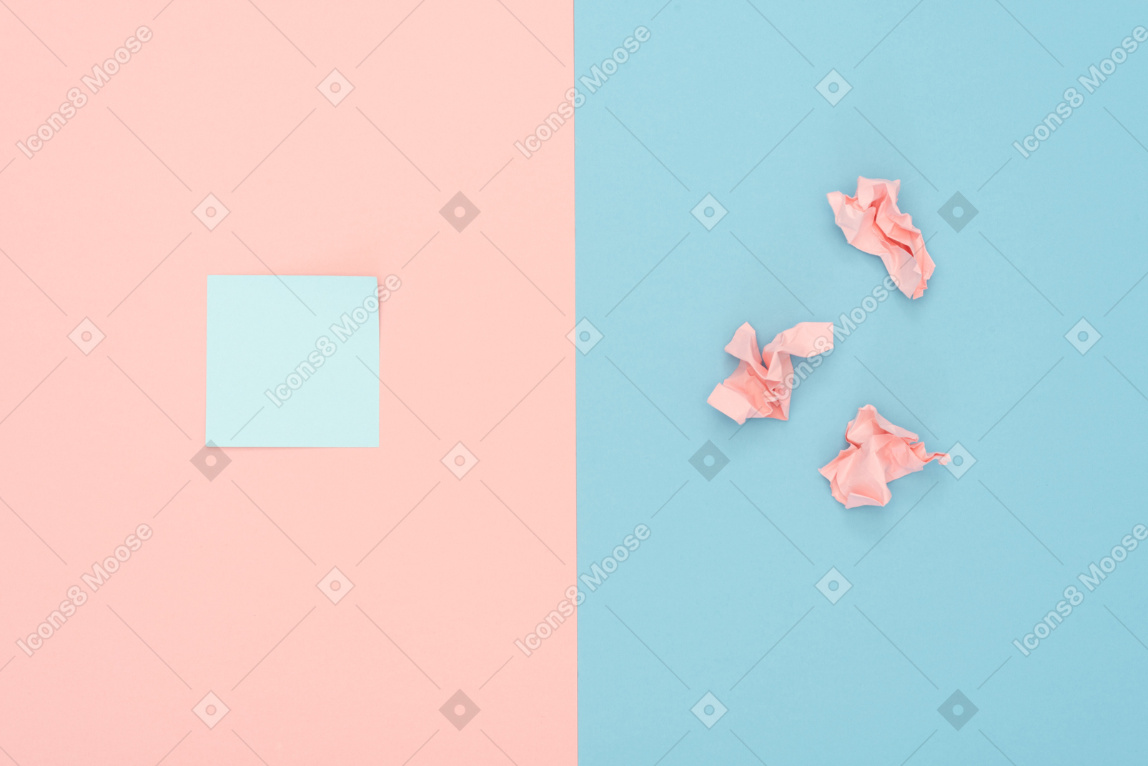 Crumpled paper sheets and blank sticky note over contrast background