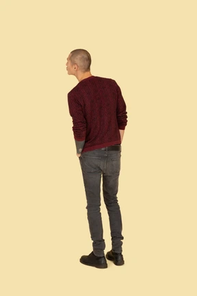 Back view of a  kissing young man in red pullover