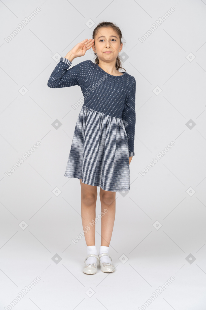 Front view of a girl saluting energetically
