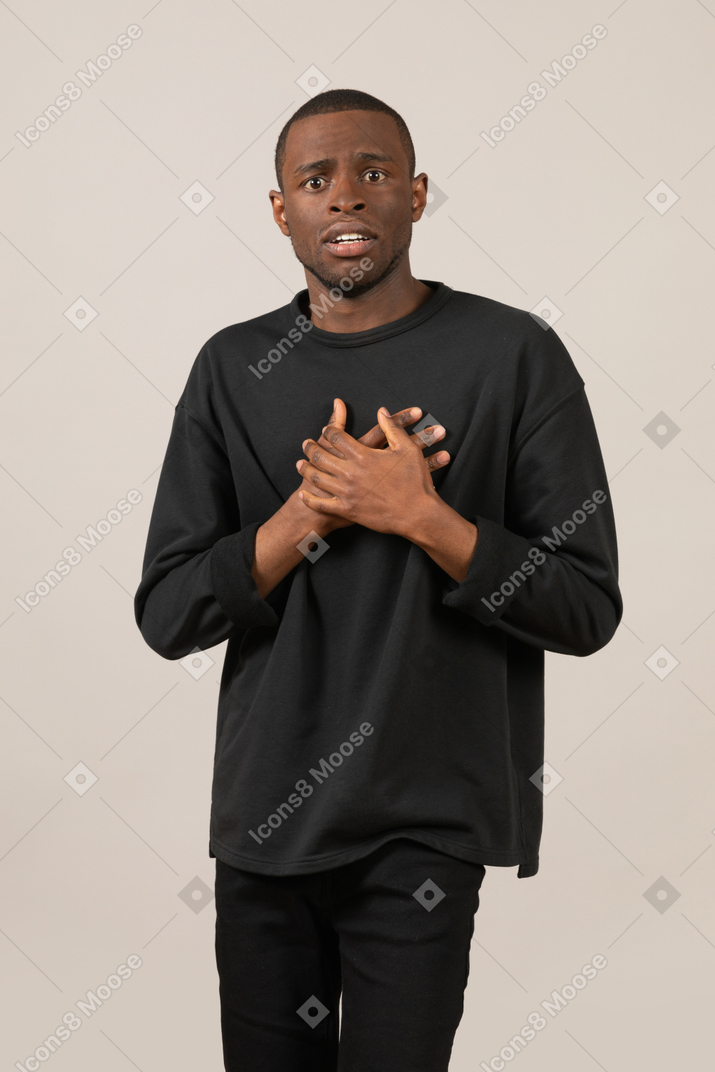 Worried man with hands on chest