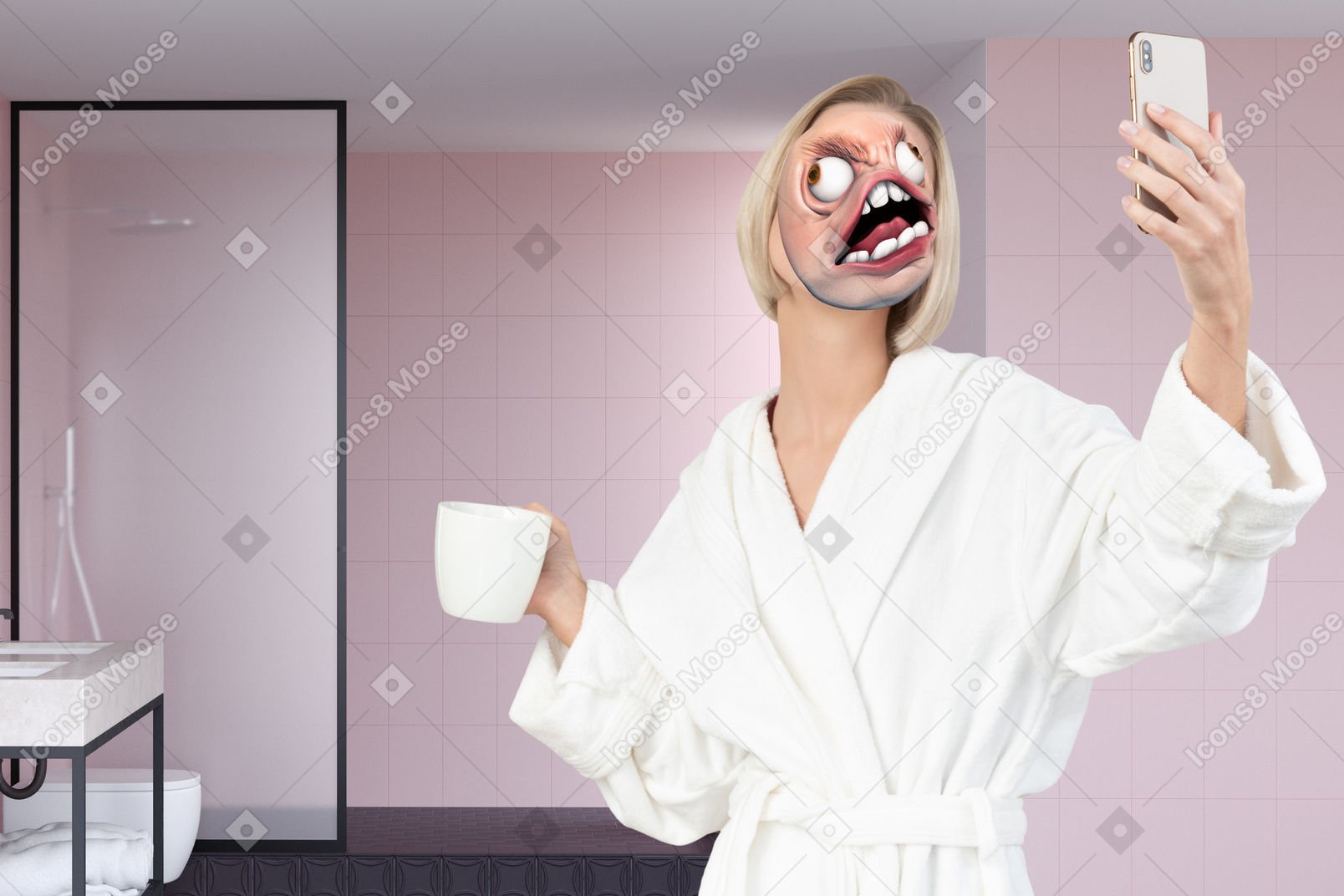 Woman with meme face taking a selfie in a bathroom