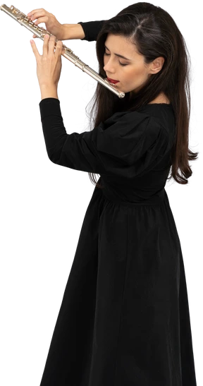 Three-quarter view of a serious young lady in black dress playing the flute