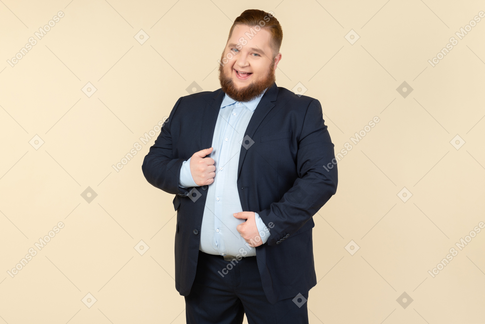 Young overweight man in suit showing ok sign