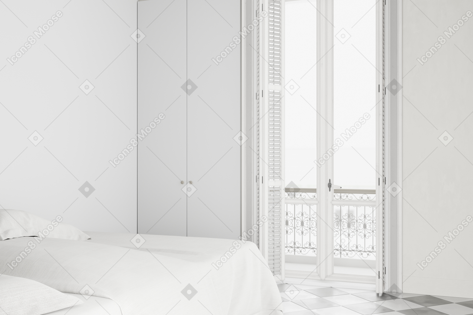 Confortable chambre blanche avec porte ouverte sur balcon
