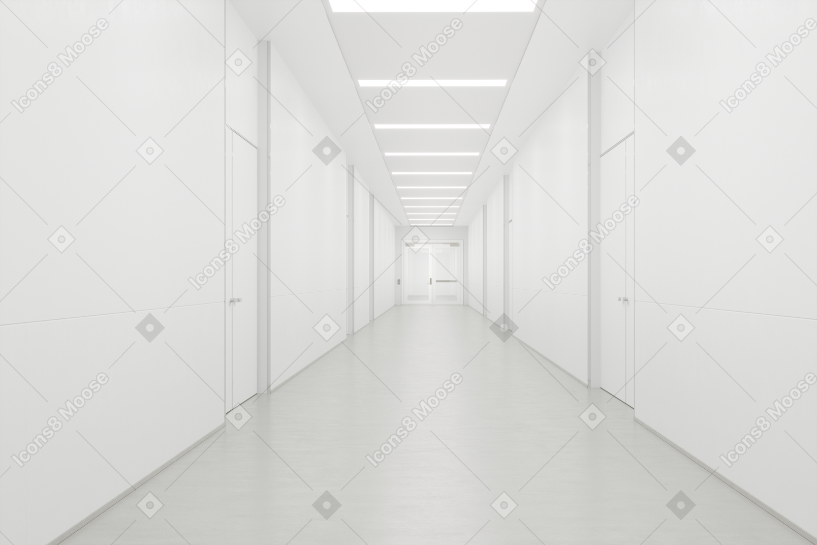 Long white corridor with doors