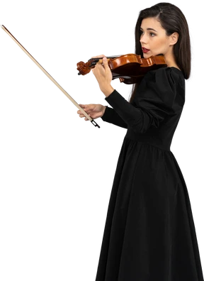 Close-up of a young lady in black dress playing the violin