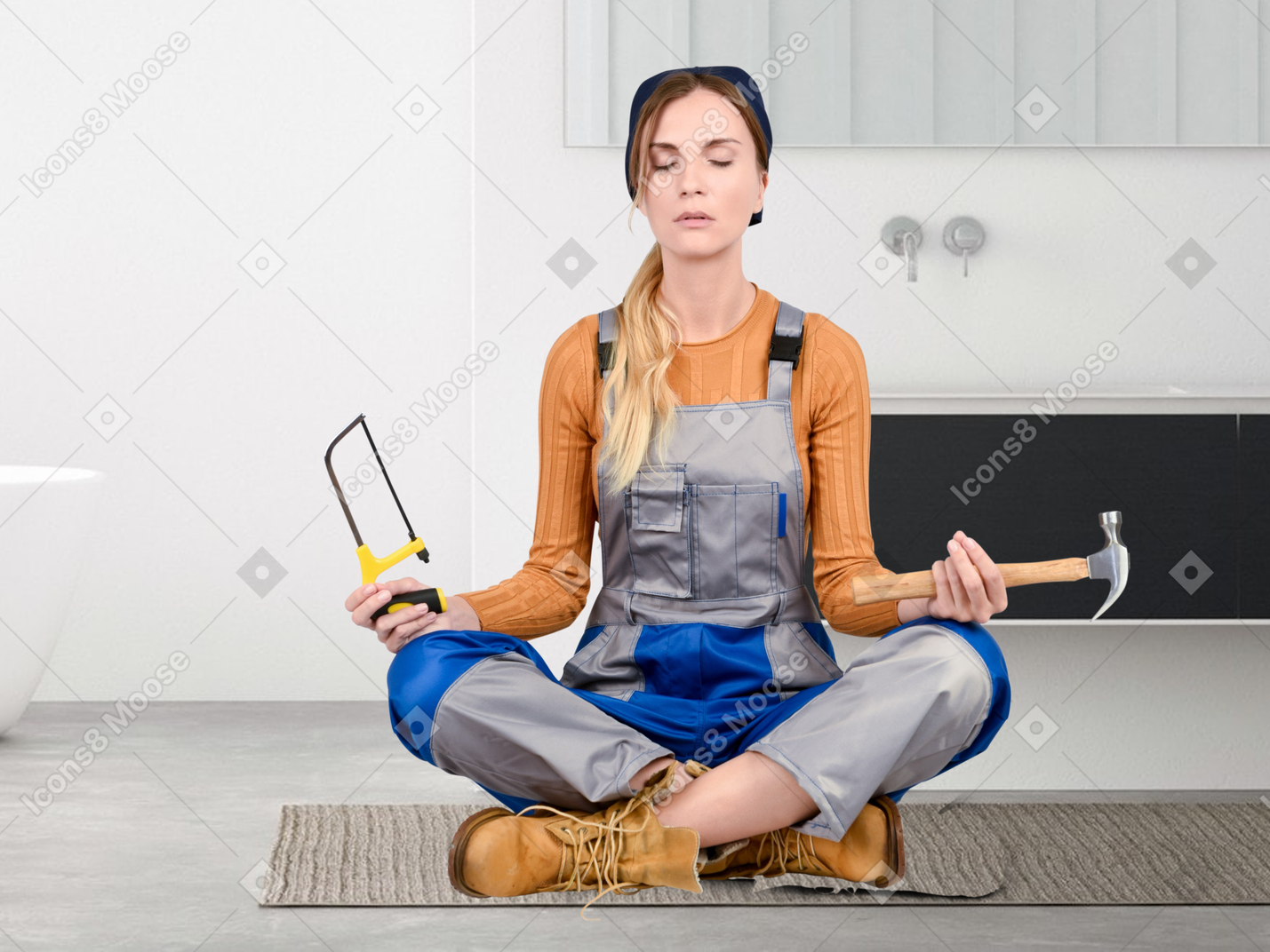 Female worker sitting in a yoga position with hammer and a hacksaw