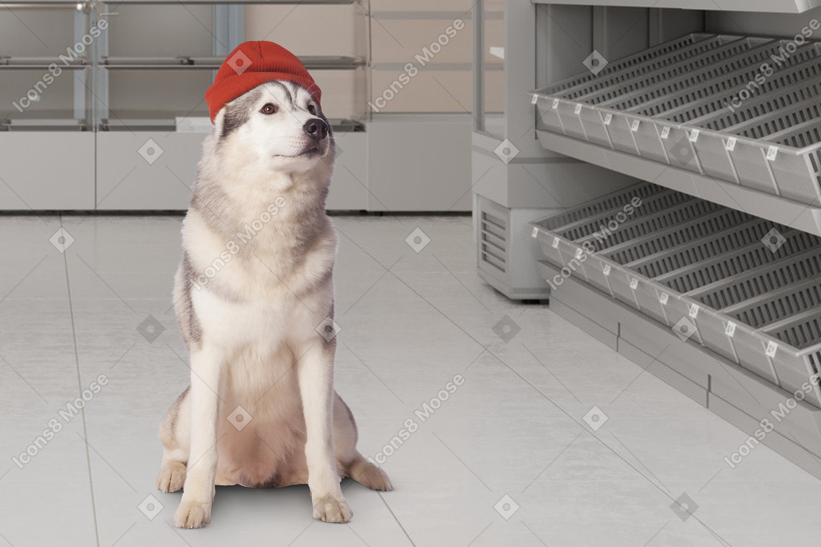 A husky dog wearing a red hat in a store