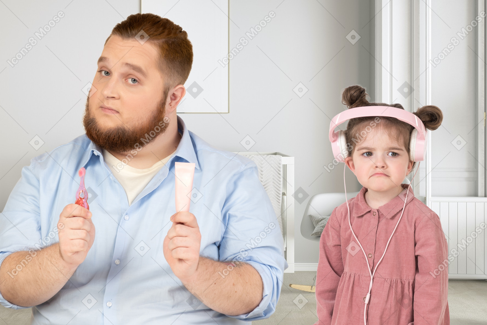 A man holding kid's toothpaste and toothbrush and standing next to an upset little girl in headphones