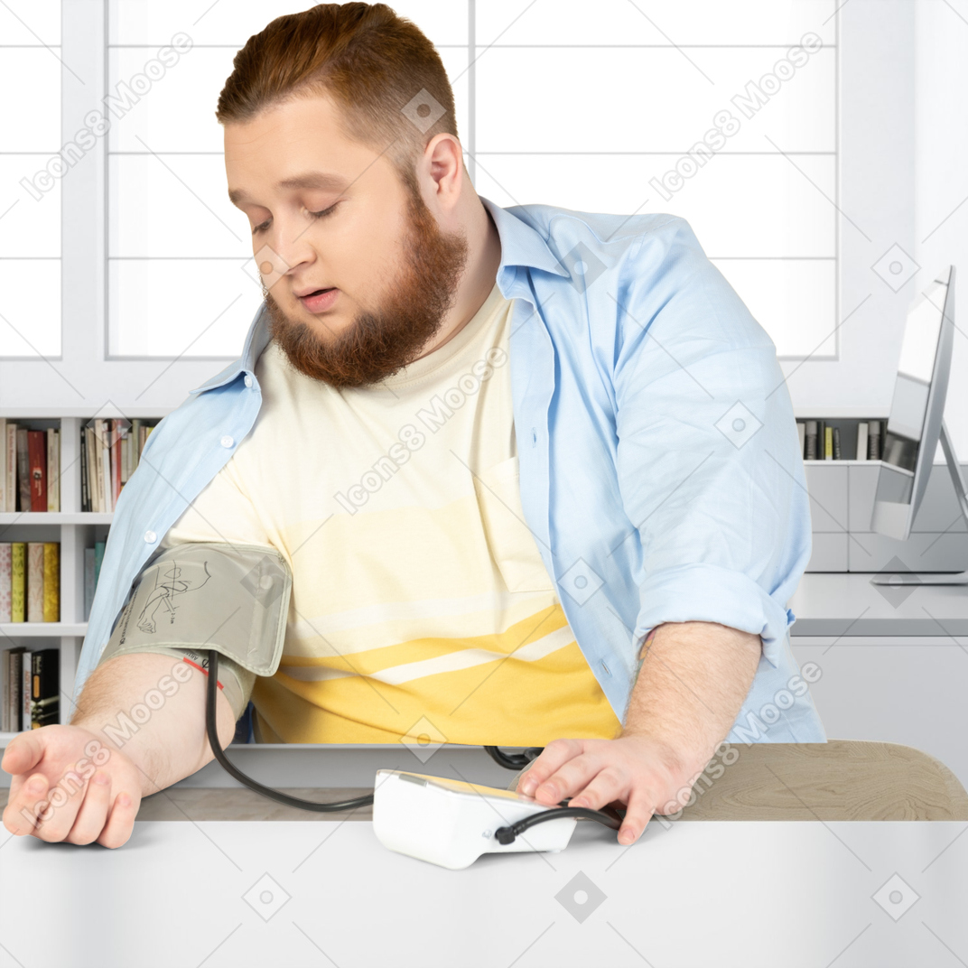 A fat man measuring his blood pressure