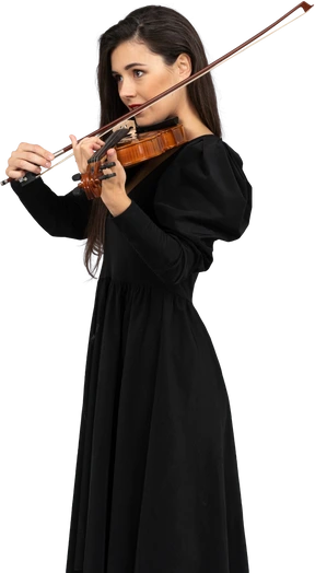 Close-up of a young lady in black dress playing the violin
