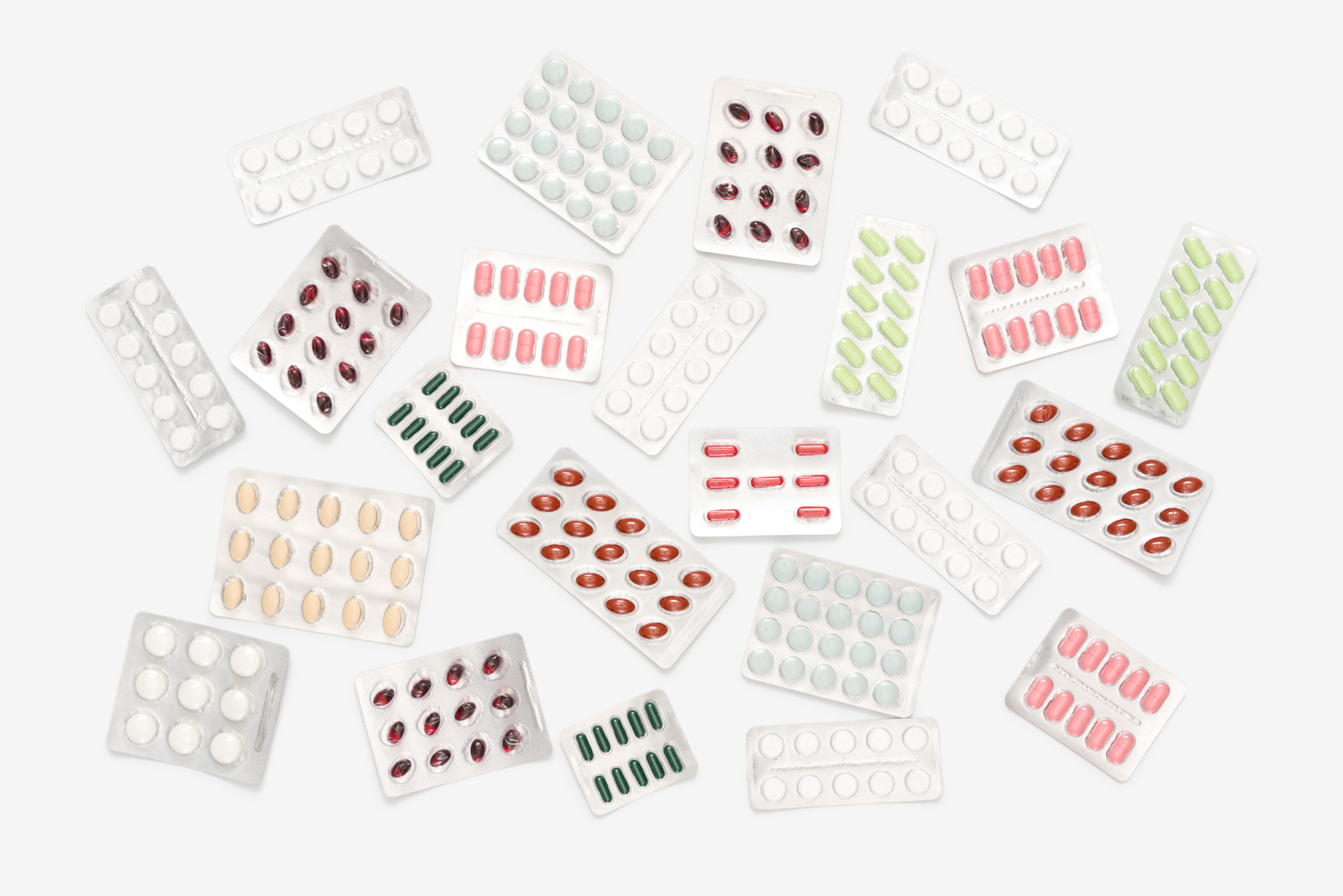 Blister packs of multicolored pills