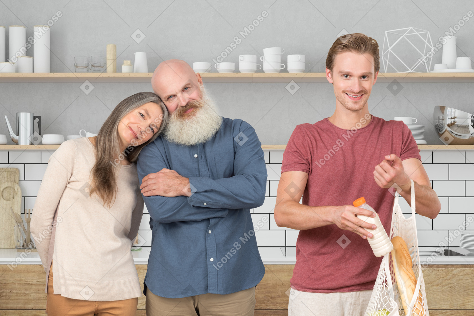 Elderly parents and son in the kitchen