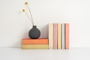 Ceramic vase with dried flowers on a stack of books