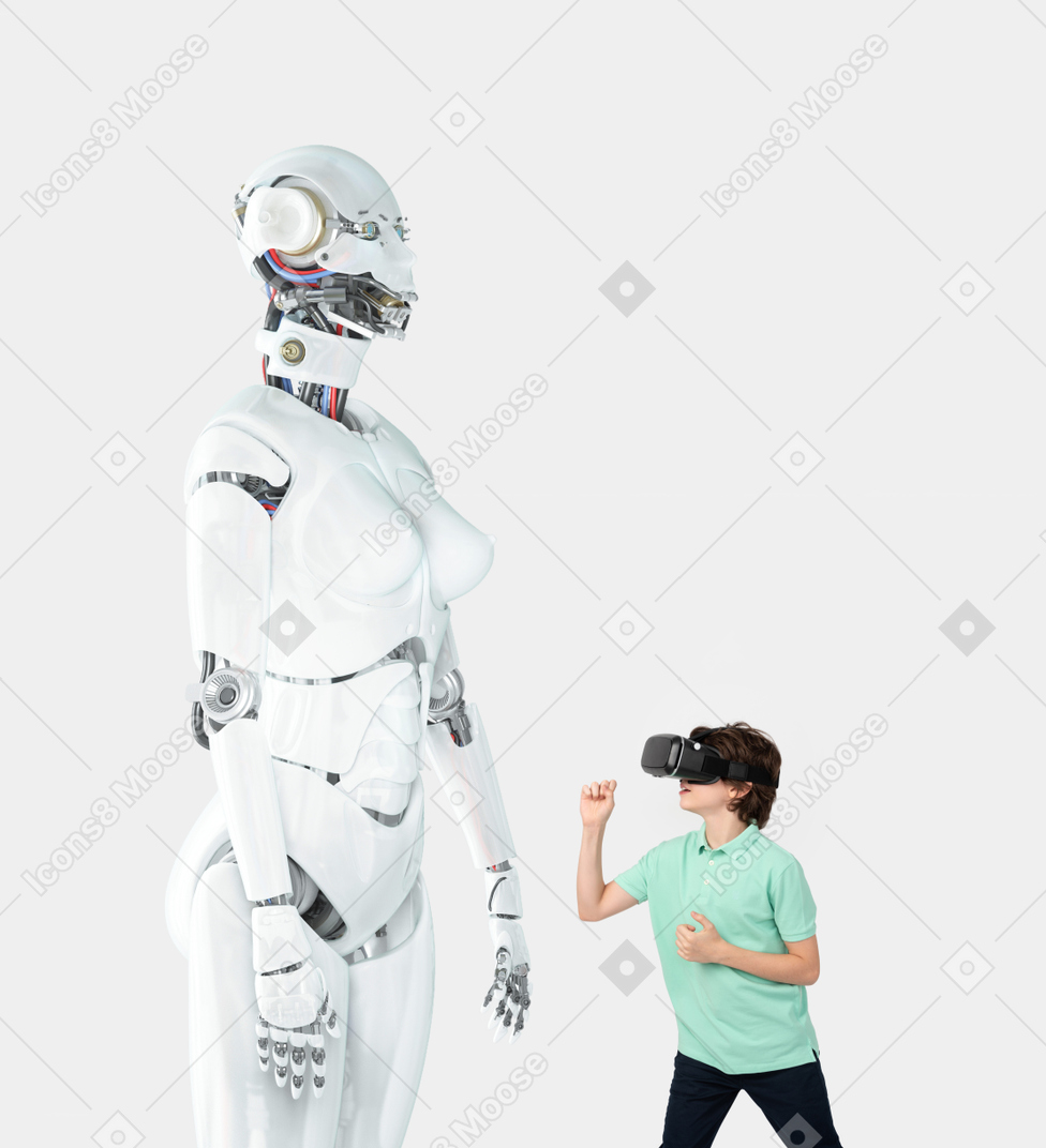 Ragazzo del bambino che indossa l'auricolare di realtà virtuale che affronta il robot