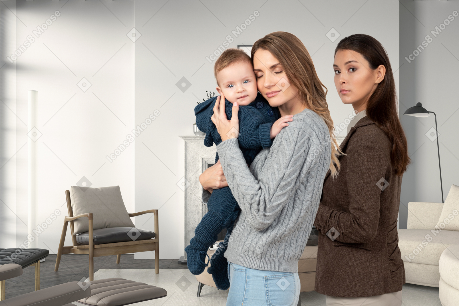 아기 아이 들고 여자 근처에 서있는 젊은 여자