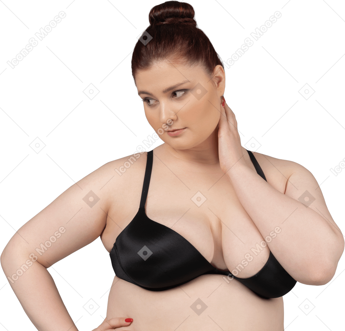 plump caucasian woman in black bra Photo image