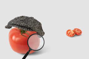 A tomato with a hat and a magnifying glass