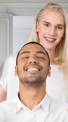 Blond person standing behind a smiling man