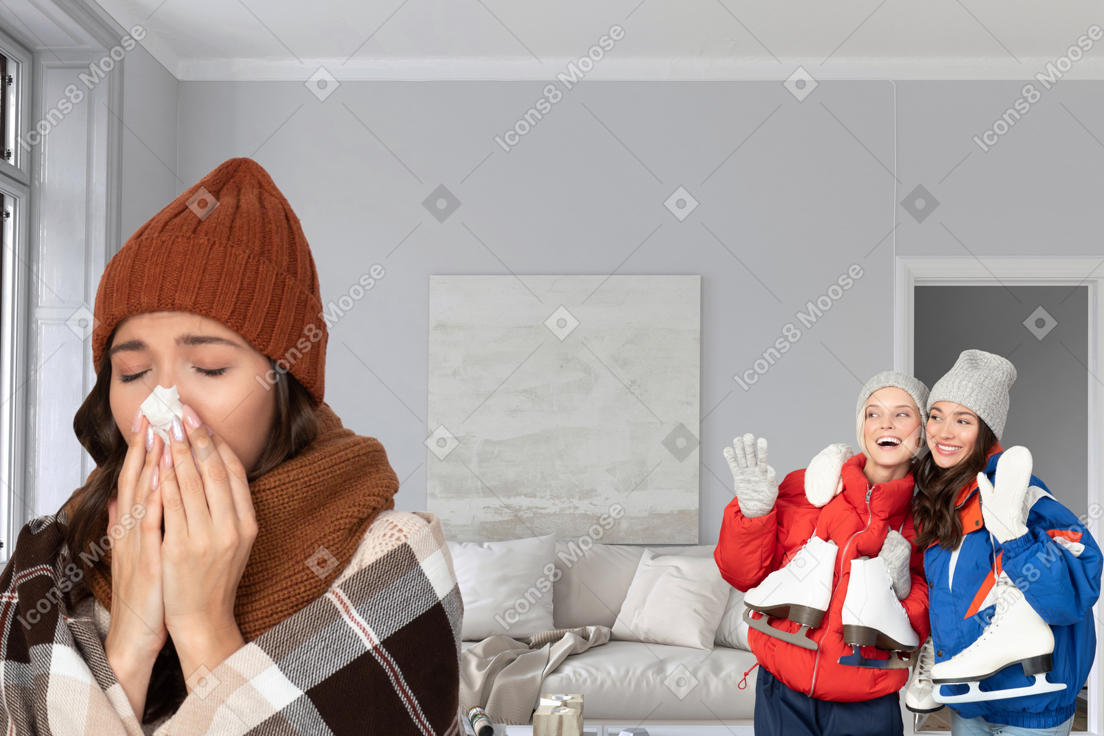 Woman blowing her nose next to two female friends