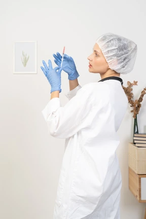 Back view of a young female doctor holding a syringe