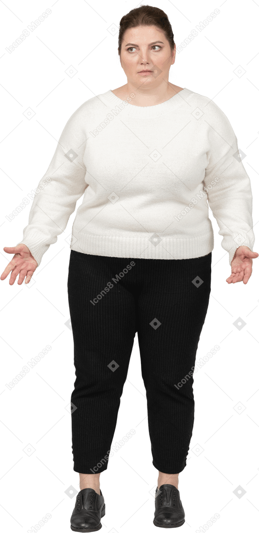 Angry plump woman in casual clothes