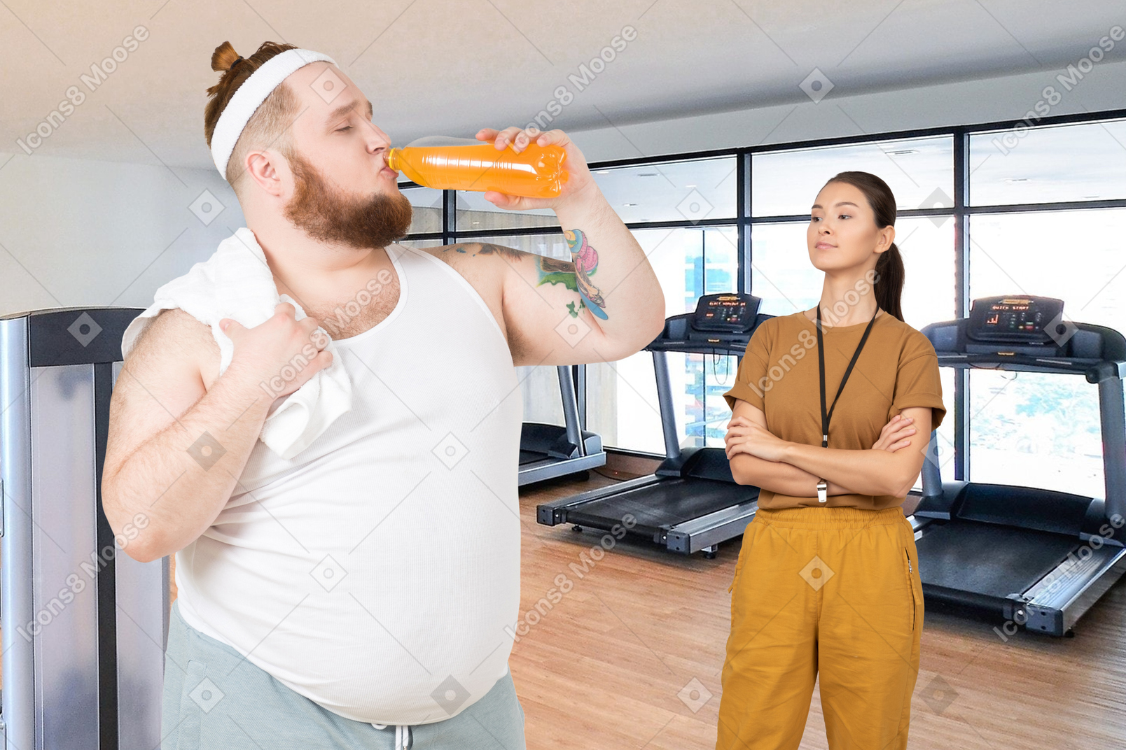 Homem malhando em uma academia com um personal trainer