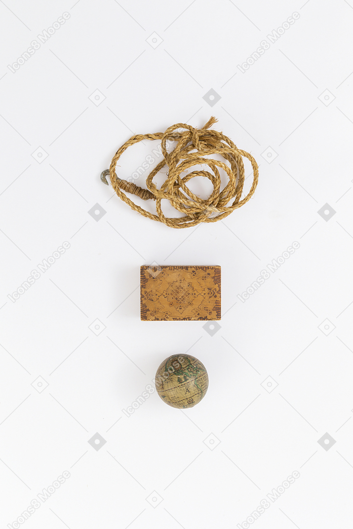 Rope with hook, mini box and mini globe