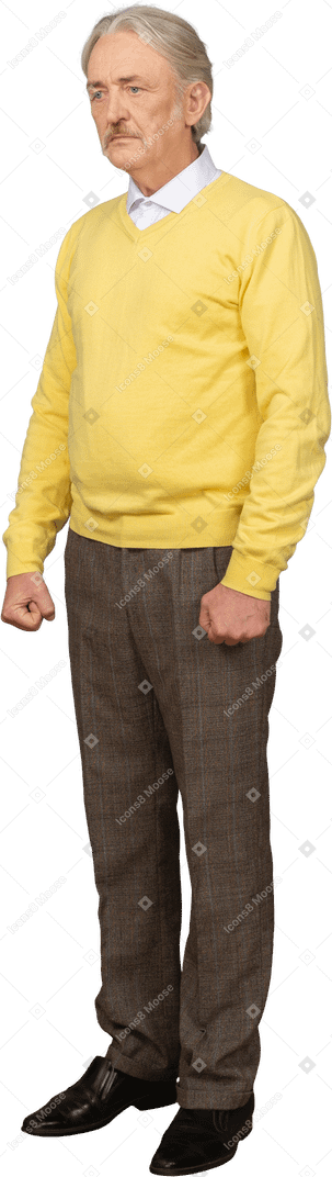 노란색 스웨터를 입고 옆으로 보이는 우울한 노인의 3/4보기