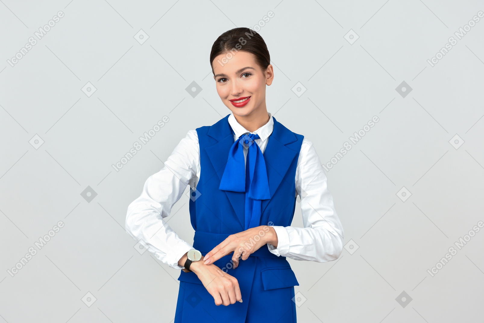Beautiful flight attendant in a blue uniform