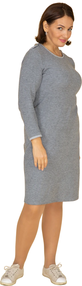 Front view of a woman in grey dress