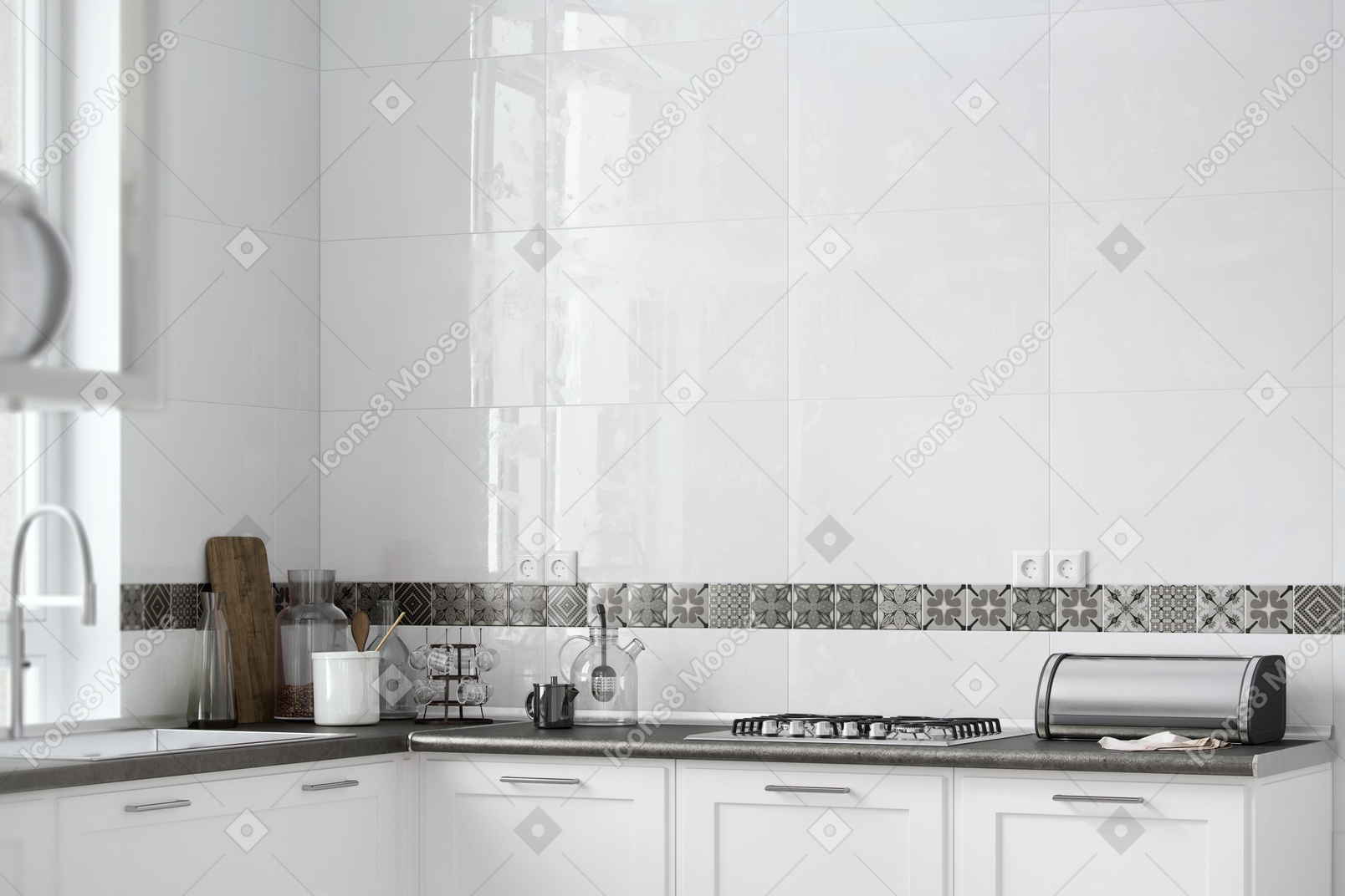 Black and white kitchen interior with a large window