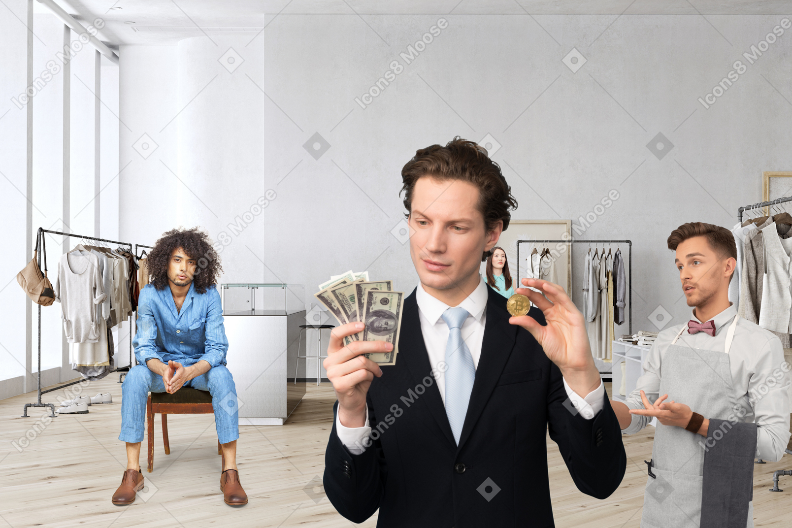 A man in a suit holding money in a clothing store